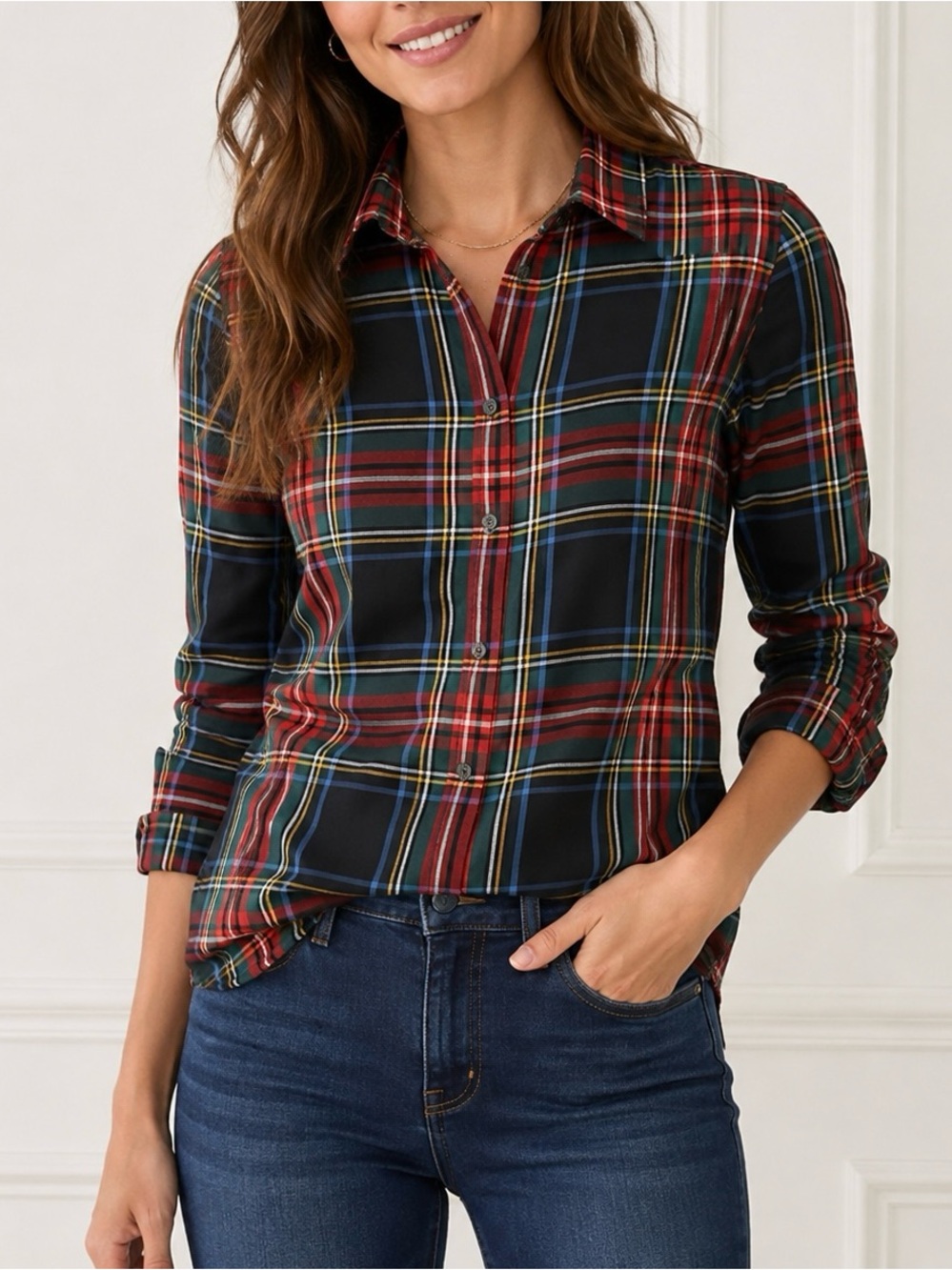 J.Crew Perfect Shirt Tartan Plaid Button Down 0P Petite Red Green Black